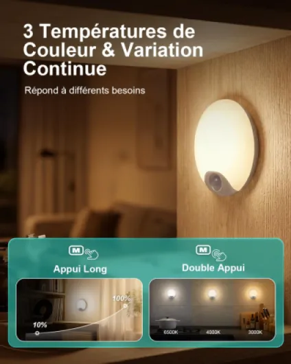 Veilleuse Detecteur de Mouvement & Capteur de Crépuscule Batterie, Lot de 4 - Lampe Rechargeable USB Blanc Chaud/Naturel/Froid Lumiere Réglable Interieur pour Armoire, Escalier, Placard, Couloir, Chambre Ronde 4