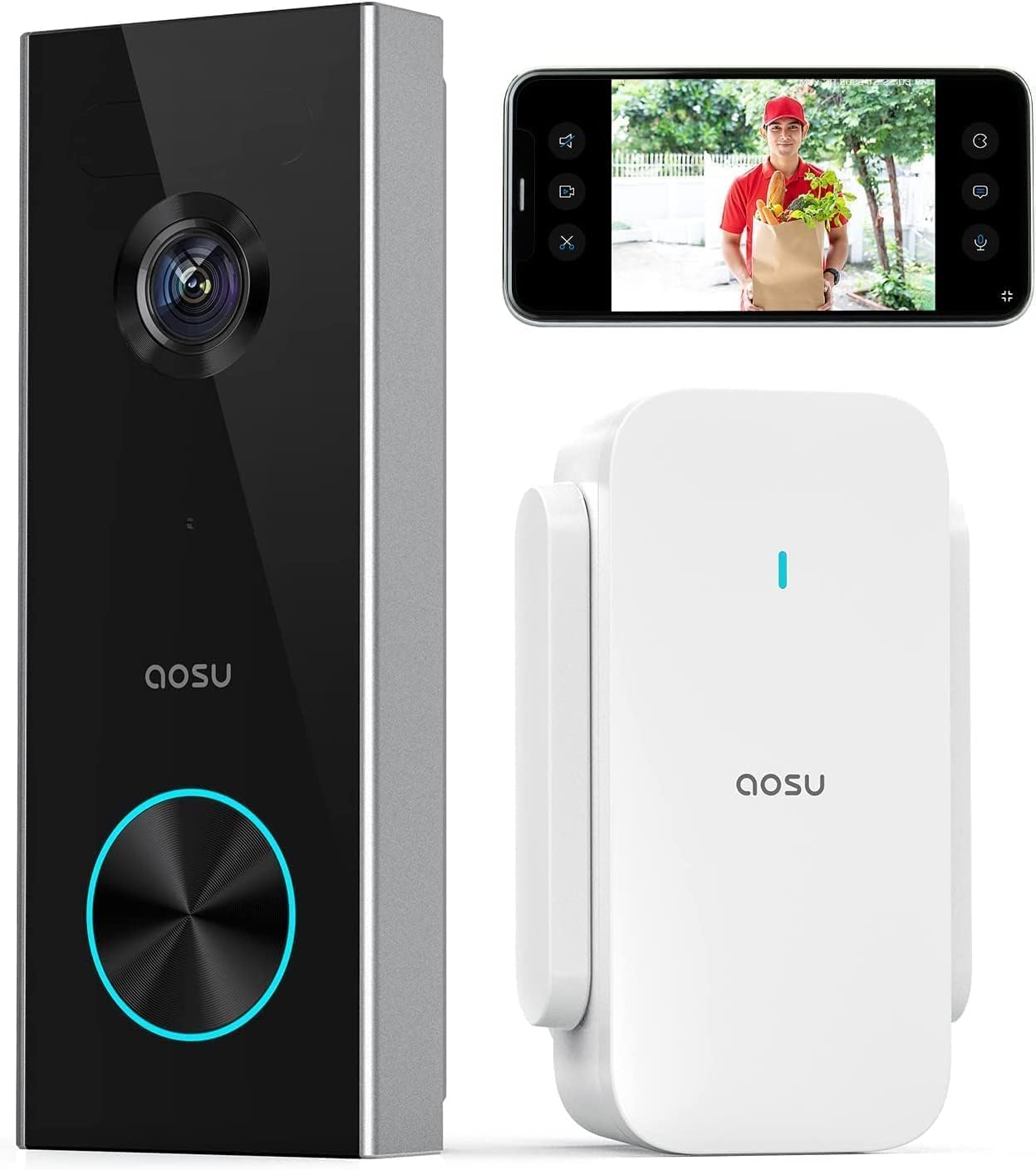 Sonnette sans Fil avec Camera 2K HD Sonnette avec Camera 166° Sonnettes WiFi sans Fil Exterieur Etanche- Détection de Personnes, Audio Bidirectionnel, Alexa Intégré Black