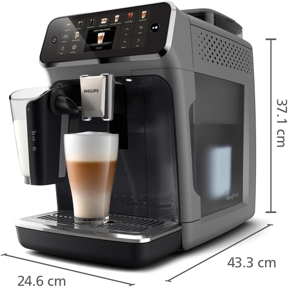 Philips Expresso broyeur Série 5500 – 20 Boissons Chaudes et Glacées, Carafe LatteGo facile à nettoyer, SilentBrew, QuickStart, Machine à café à grain Noir/Argent (EP5546/70) 20 Boissons / Café glacé Gris Clair