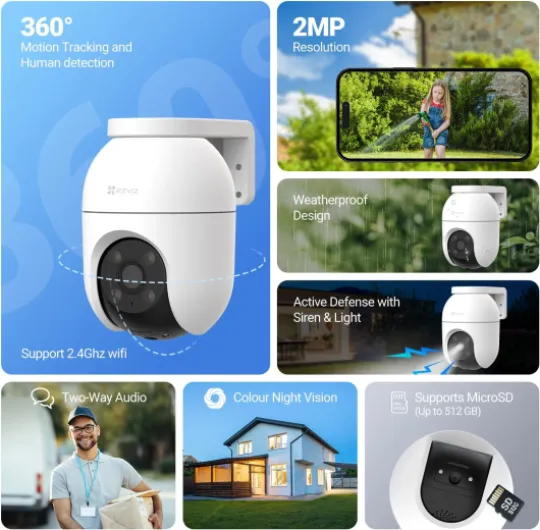 EZVIZ C8c (2 Pack) Wifi Outdoor Cameras Wired, 360° Pan Tilt, Support 512GB Card, No Monthly Fee, Human/Vehicle Detection, 1080P Colour Night Vision, Auto-Track, Wi-Fi CCTV Camera Systems (C8c 2MP)