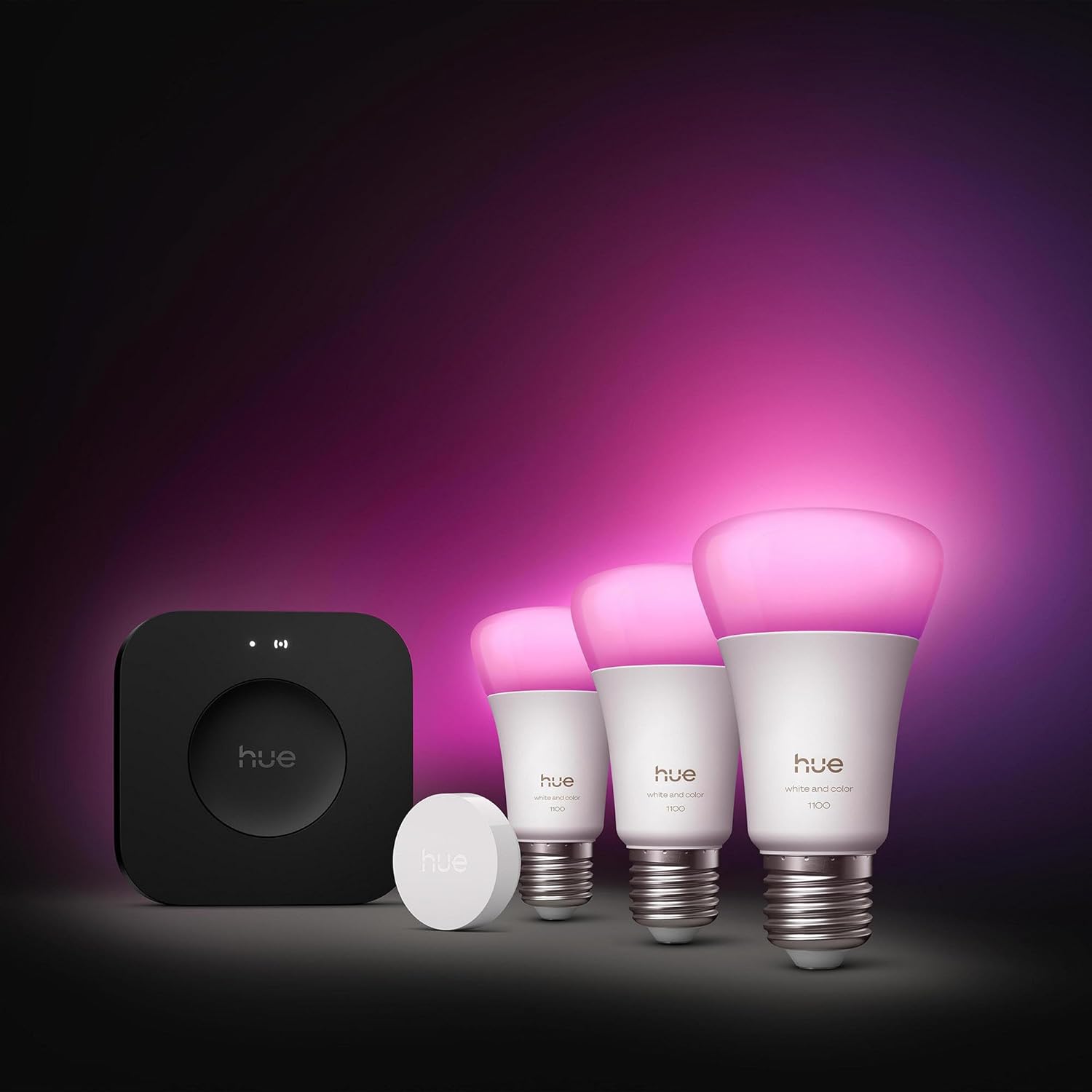 Philips Hue Starter Kit Bridge Pro + Smart Button + 3 A60 E27 Smart Bulbs, White and Colour Ambience, Smart Light Hub, Works with Apple Home, Amazon Alexa, Google Assistant, Samsung SmartThings