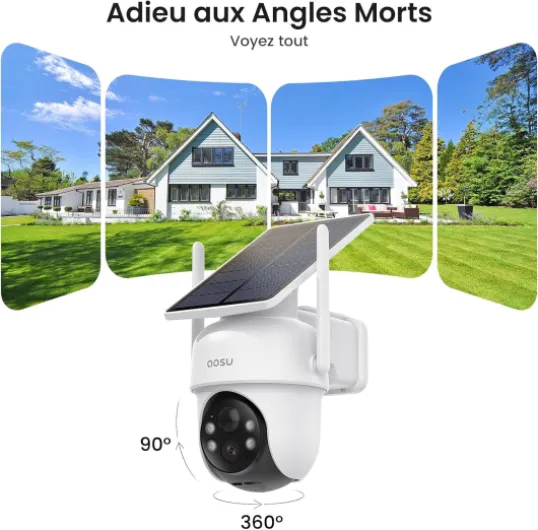 2K Camera Surveillance WiFi Exterieure Sans Fil Solaire, Kit de 4 Caméras & aosuBase, Sans Abonnement Stockage Local, 3MP 360° PTZ Suivi Automatique Vision Nocturne Alarme Son & Lumière 2,4/5 GHz Kit 4 Caméras
