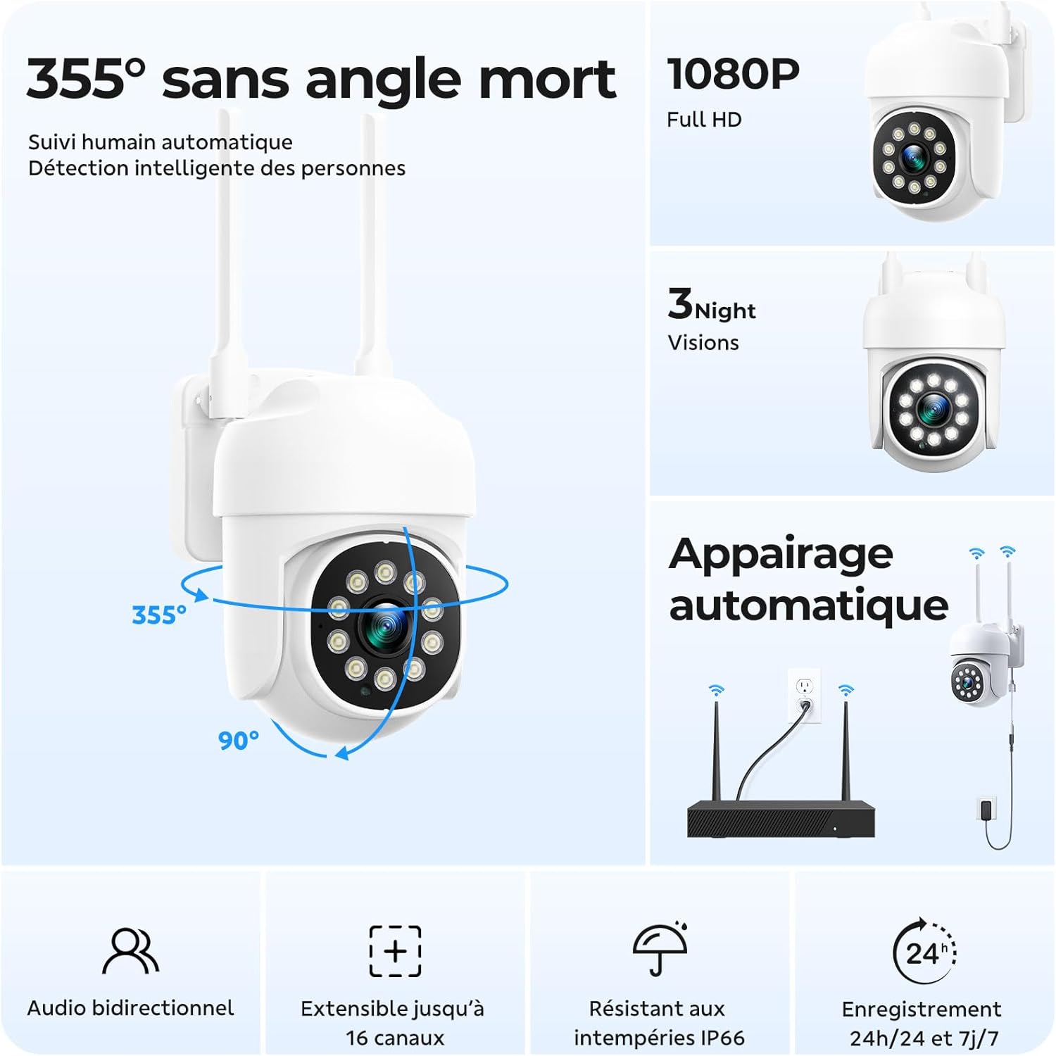 Kit camera surveillance wifi exterieure sans fil, CAMCAMP 8x caméra de surveillance, 360° Panoramique PTZ, Poursuite de Humaine Automatique, 16CH 4K NVR avec 500go, Vision Nocturne Couleur Intelligent Kit 8 Camera Surveillance
