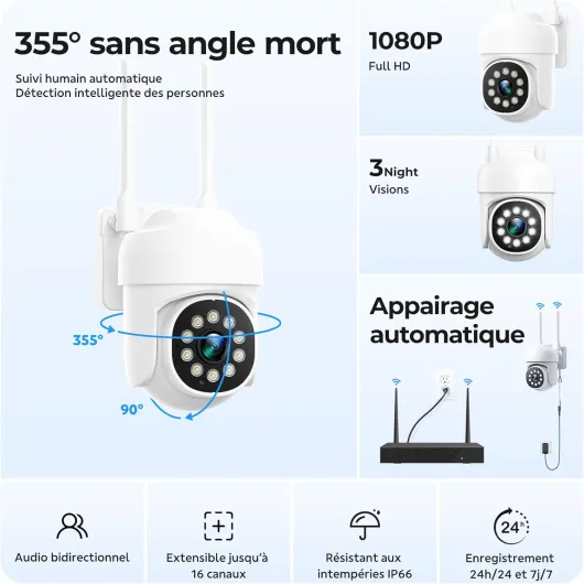 Kit camera surveillance wifi exterieure sans fil, CAMCAMP 8x caméra de surveillance, 360° Panoramique PTZ, Poursuite de Humaine Automatique, 16CH 4K NVR avec 500go, Vision Nocturne Couleur Intelligent Kit 8 Camera Surveillance