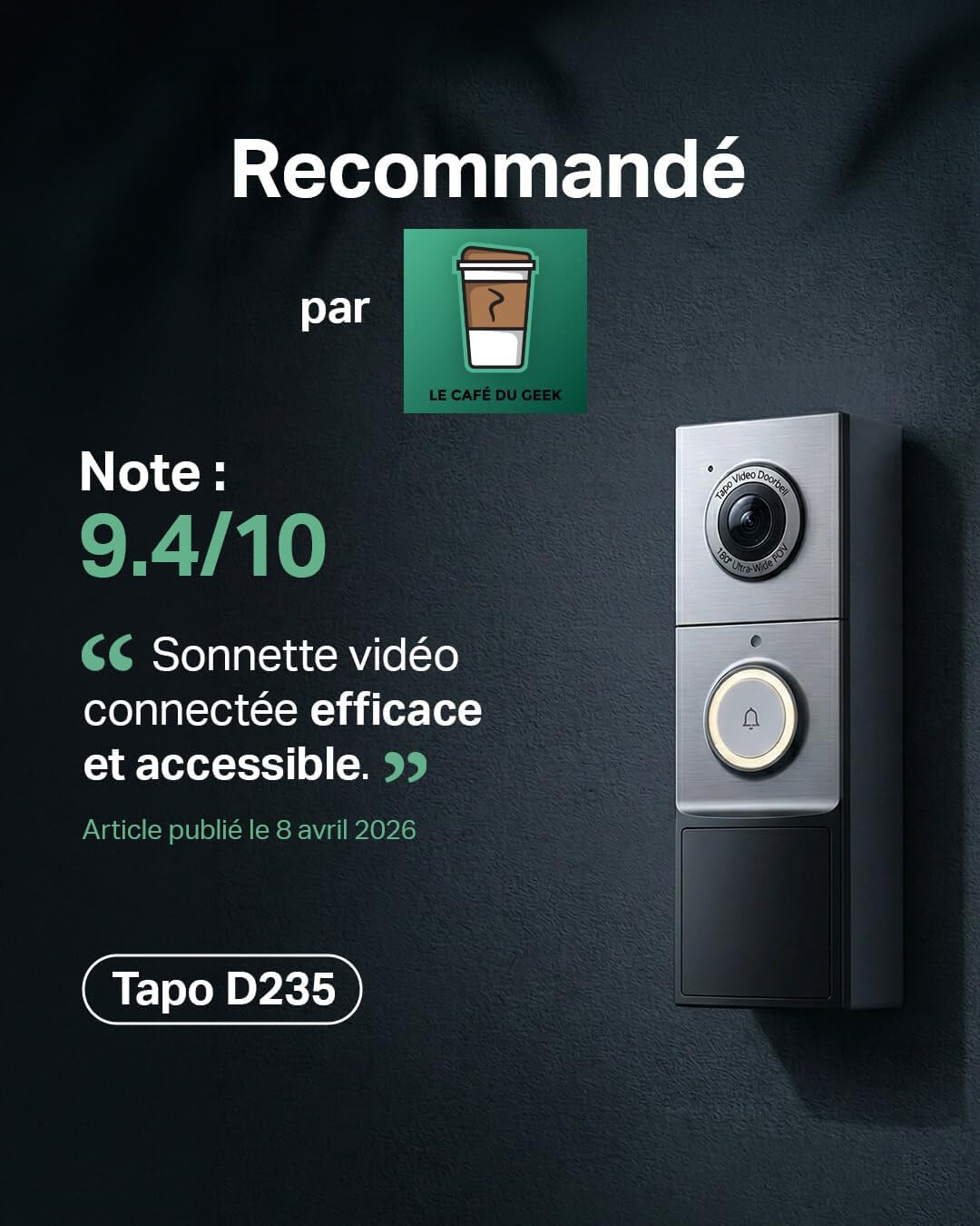 D235 Sonnette sans Fil avec Camera 2K+ 5MP, IP66 étanche, 180° Vision Ultra-Large, Vision Nocturne Couleur, Audio Bidirectionnel, Détection AI Gratuite