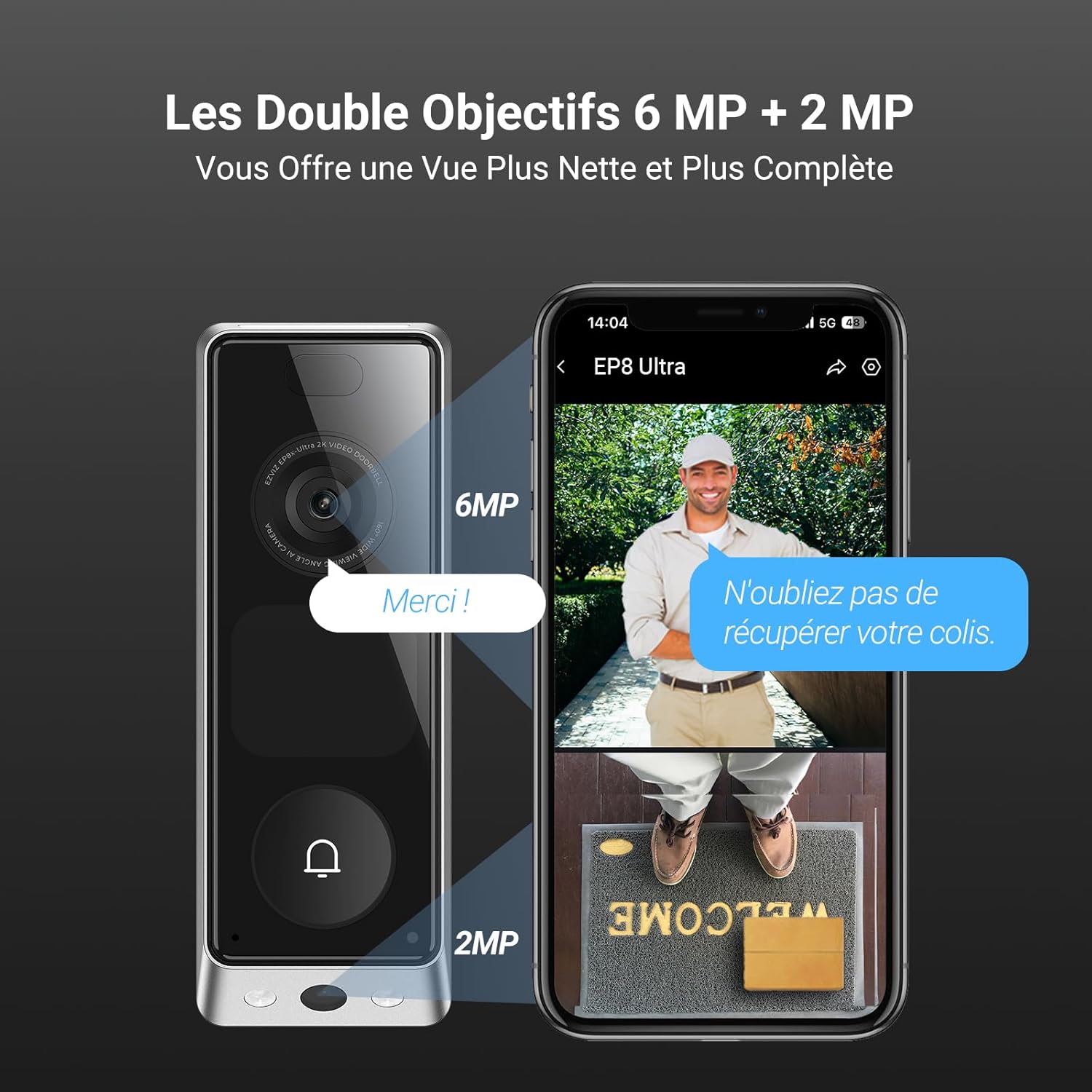 Sonnette sans Fil Extérieur Etanche avec Carillon, Sonnette sans fil avec Caméra Double 6MP et 2MP, Ecran interactif intégré, Détection de Personnes/Paquet, Vision Nocturne en Couleur, EP8 Ultra