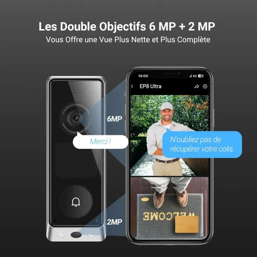 Sonnette sans Fil Extérieur Etanche avec Carillon, Sonnette sans fil avec Caméra Double 6MP et 2MP, Ecran interactif intégré, Détection de Personnes/Paquet, Vision Nocturne en Couleur, EP8 Ultra