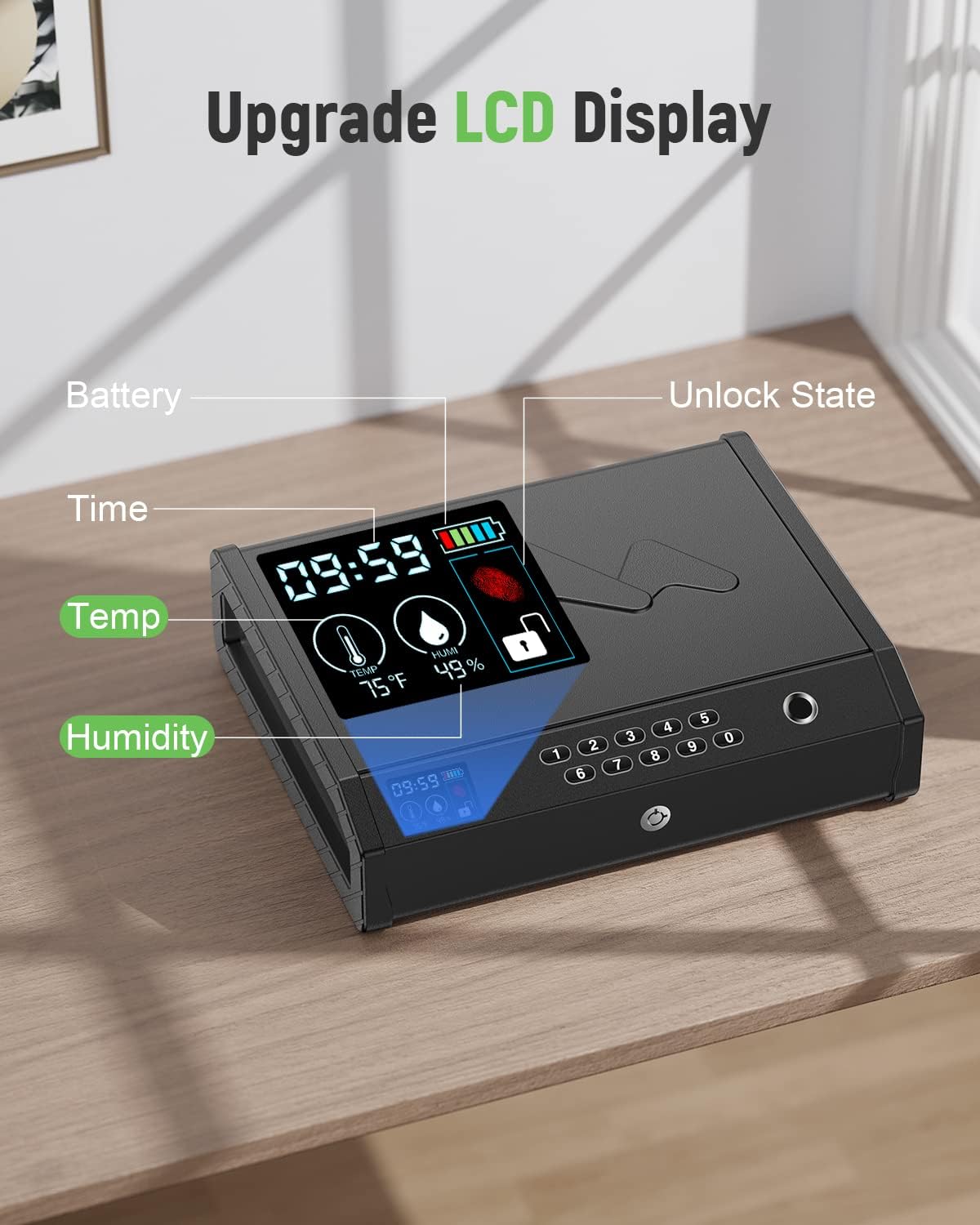 HOLEWOR - Coffre-fort biométrique pour pistolets avec écran LCD de la batterie du temps, empreintes digitales, pistolet à accès rapide, pistolet, table de chevet, voiture, 2 capacités