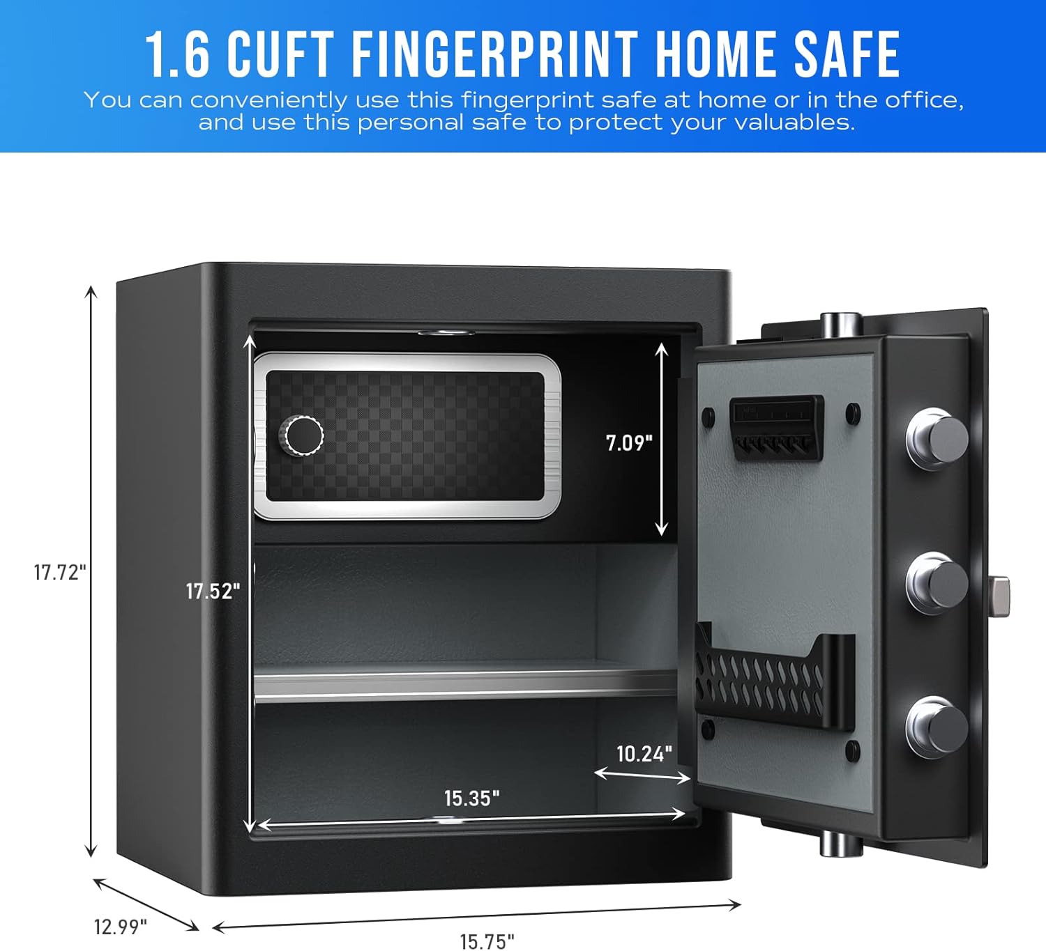Coffre-fort de luxe et casier de sécurité avec écran tactile biométrique d'empreintes digitales avec annonce vocale, double avertissement, coffre-fort de sécurité noir pour la maison, l'hôtel, le 45L-B