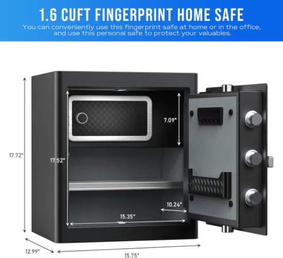 Coffre-fort de luxe et casier de sécurité avec écran tactile biométrique d'empreintes digitales avec annonce vocale, double avertissement, coffre-fort de sécurité noir pour la maison, l'hôtel, le 45L-B