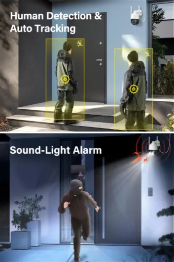 【5MP+360°PTZ Kit Caméra de Surveillance WiFi Extérieure, 10CH 5MP NVR 1TB et 4X5MP PTZ Caméra avec Audio Bidirectionnel, Vision Nocturne Couleur, Détection de Personne, Enregistrement 24/7