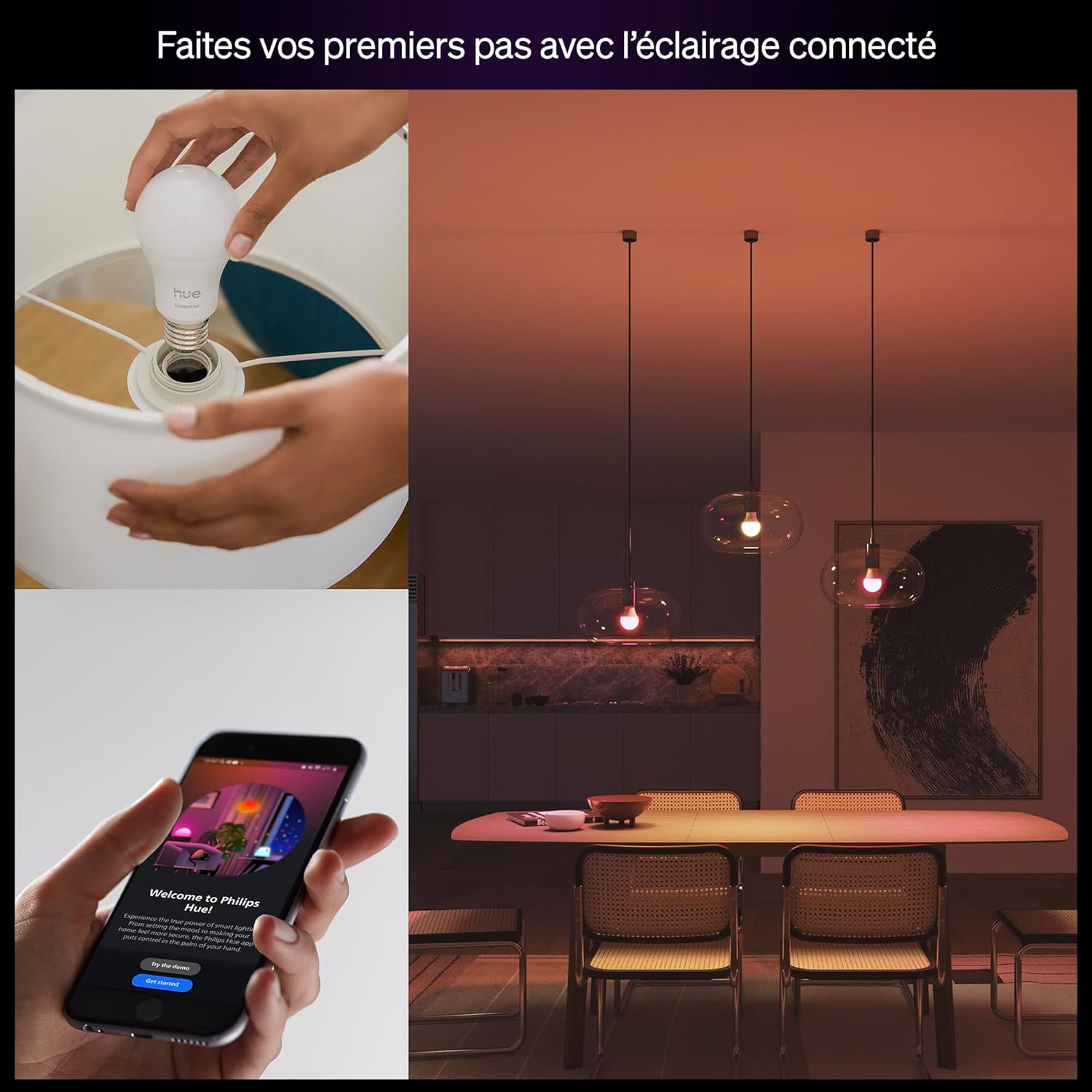 Essential Ampoule Connectée LED A60, White and Color Ambiance, Ampoule Philips Hue E27, 8W, 2200-6500 K, 806 lm, Intensité réglable, Compatible Alexa, Google et Apple Home, Pack de 4
