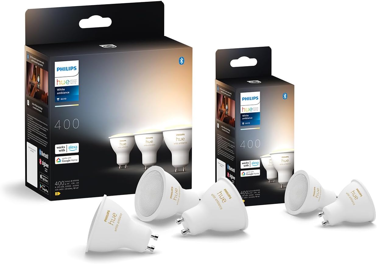 White Ambiance Ampoule LED connectée Pack de 5, culot GU10, 400 lumens, Compatible Bluetooth - Fonctionne avec Alexa, Google Assistant et Apple HomeKit Blanc Chaud et Froid Pack de 5 Nouvelle Génération