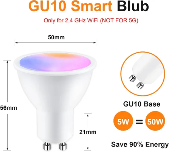 Ampoule Connectée Gu10 WiFi 5W 400LM LED RGB 2700K-6500K Compatible avec Alexa/Google Home, APP Télécommande, Contrôle Vocal, Aucun Hub Requis, 8 PCS