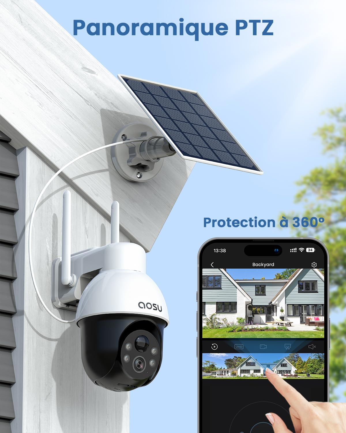 3K Caméra Surveillance WiFi Exterieure sans Fil, 5MP Camera Exterieur Solaire, 360° PTZ Suivi Automatique Détection IA Personne/Véhicule, Vision Nocturne Couleurs Alarme Lumineuse/Sonore 2 Pièce 2 Paquets