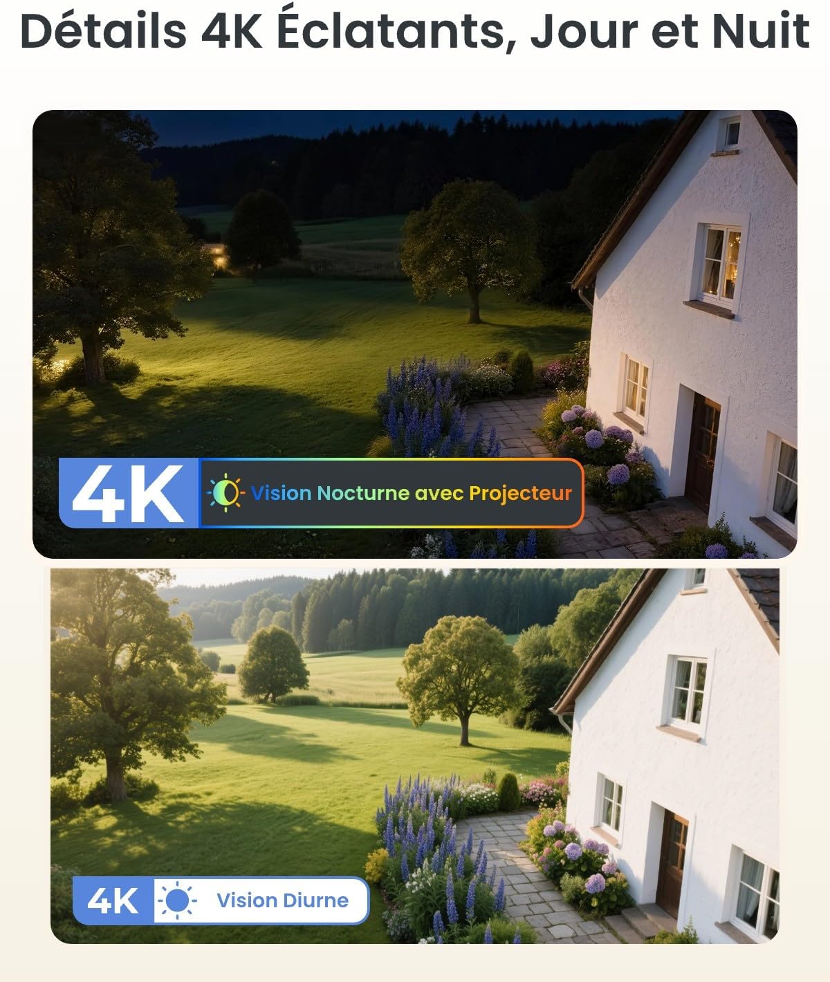 4K Camera Surveillance WiFi Exterieure, 2,4/5Ghz Wi-FI 6, Détection Intelligent, Vision Nocturne Couleur, Suivi Automatique, Alimenté par Batterie, Argus PT Ultra+Panneau Solaire Blanc
