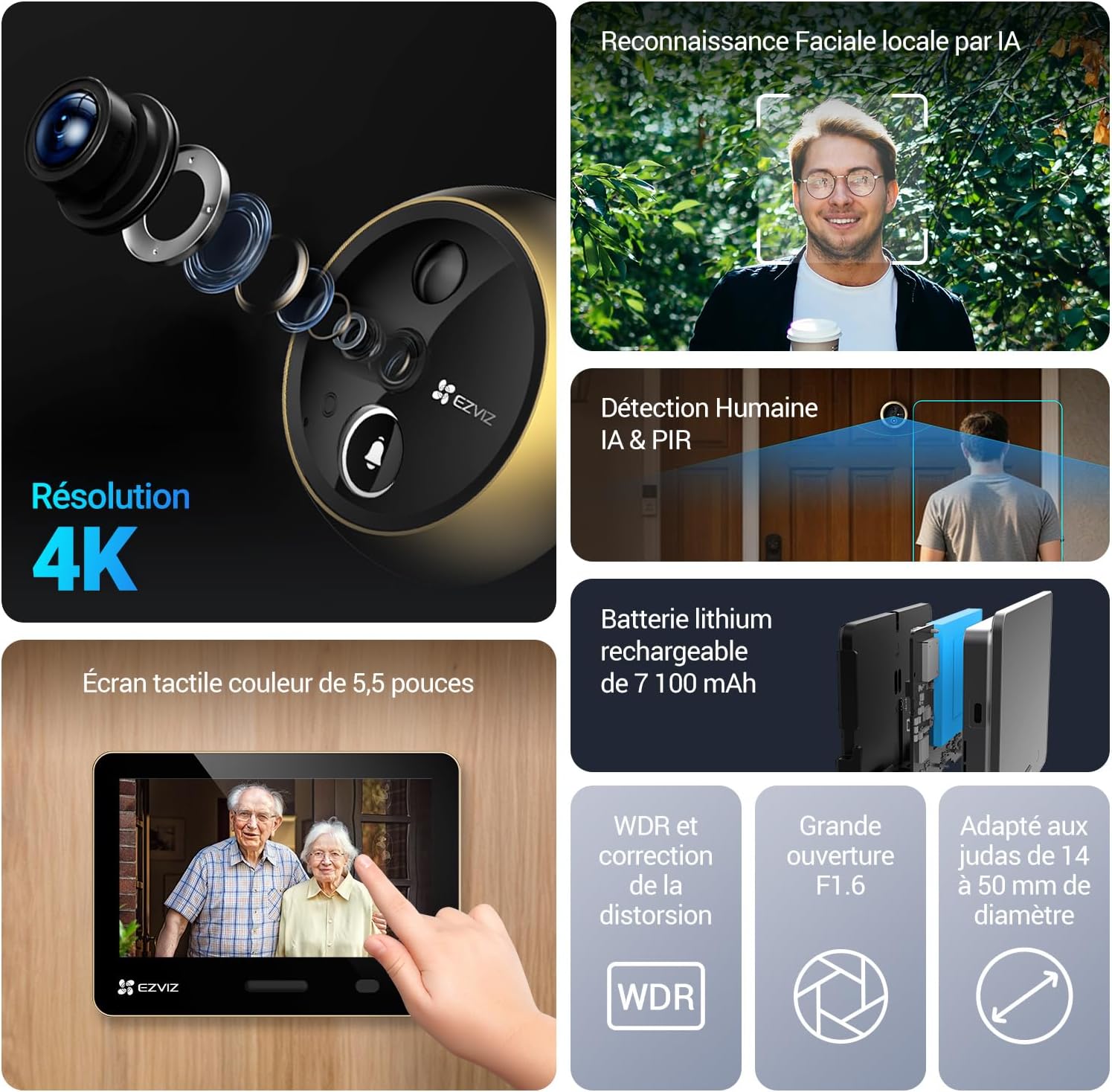 4K Judas de Porte Camera Surveillance, Visiophone Connecté Interphone Vidéo, Écran Tactile 5,5" Reconnaissance Faciale IA, Détection Humaine PIR, Audio Bidirectionnel, Batterie 7100mAh,EP4 Doré EP4 Or