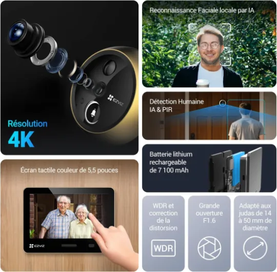 4K Judas de Porte Camera Surveillance, Visiophone Connecté Interphone Vidéo, Écran Tactile 5,5" Reconnaissance Faciale IA, Détection Humaine PIR, Audio Bidirectionnel, Batterie 7100mAh,EP4 Doré EP4 Or