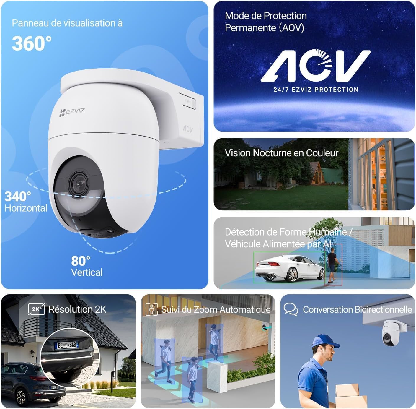 2K+ Caméra Extérieure sans Fil avec Mode AOV, Caméra Solaire Exterieur PT avec Détection de Personnes et de Véhicules, Vision Nocturne Couleur & Défense Active, WiFi 6, CB8 Lite 4MP Kit 2 PK 4mp Wifi + 5w Sp 2pk