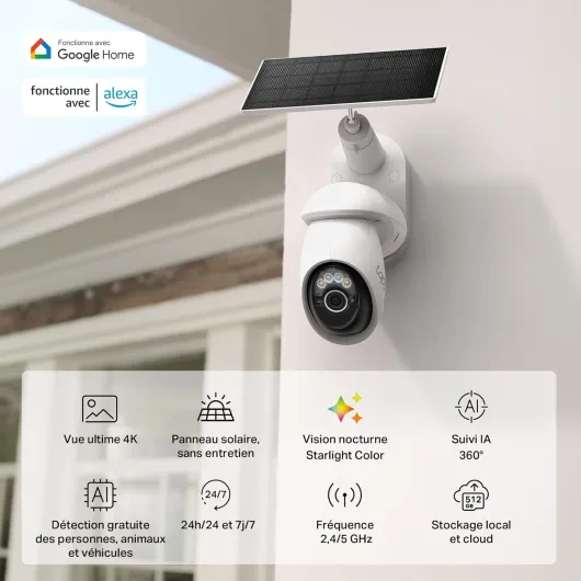 C660 Kit Caméra de Surveillance extérieure avec Panneau Solaire 4K 8MP, Vision 360°, Vision Nocturne Couleur Starlight, Batterie 10 000 mAh, détection IA, IP66, Alarme Rapide et antivol 4k (8mp) Solaire Wi-fi