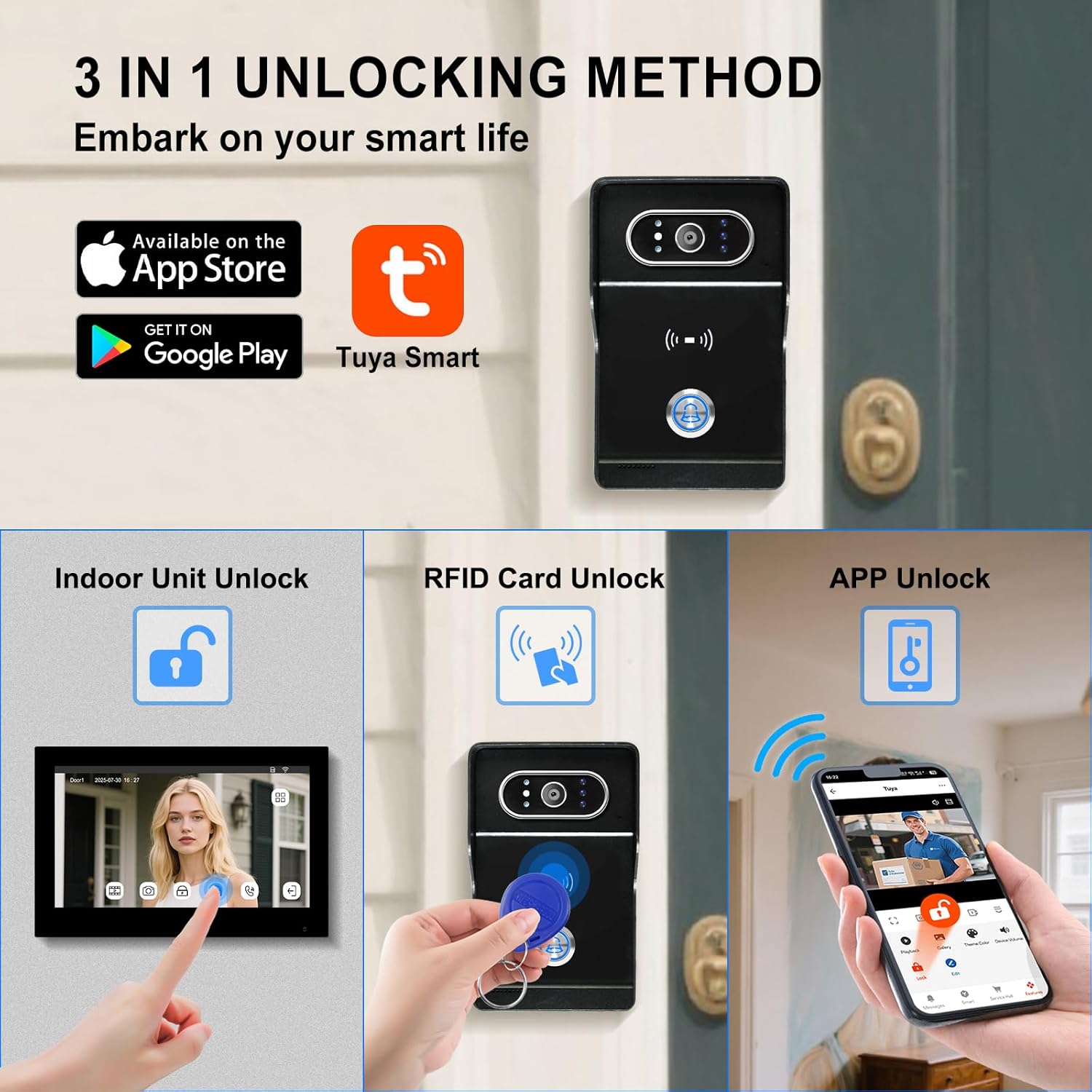 2 Fils Visiophone Connecté Filaire, Kit Interphone Vidéo WiFi Tuya avec Écran Tactile Couleur de 7", Sonnette avec Caméra 1080P Vision Nocturne IP65, Déverrouillage APP/Carte RFID Noir + Noir