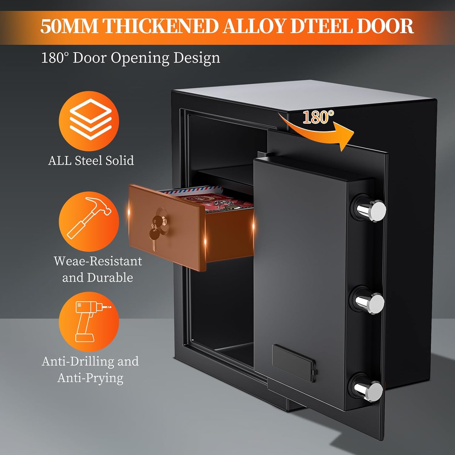 Coffre Fort Ignifuge, Grand Coffre Fort avec Tiroir anti Feu, Clavier Numérique et Clés, Armoire Safe de Sécurité pour la Maison, l'Hôtel, l'Argent, les Bijoux, les Pistolets, 57L