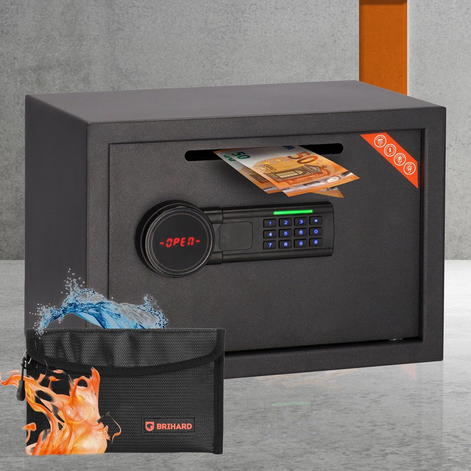 Coffre-fort de dépôt 25 x 35 x 25 cm avec fente, boîte électronique verrouillable pour argent liquide avec sac ignifuge, coffre-fort de 20 L avec serrure à clavier numérique et écran LCD