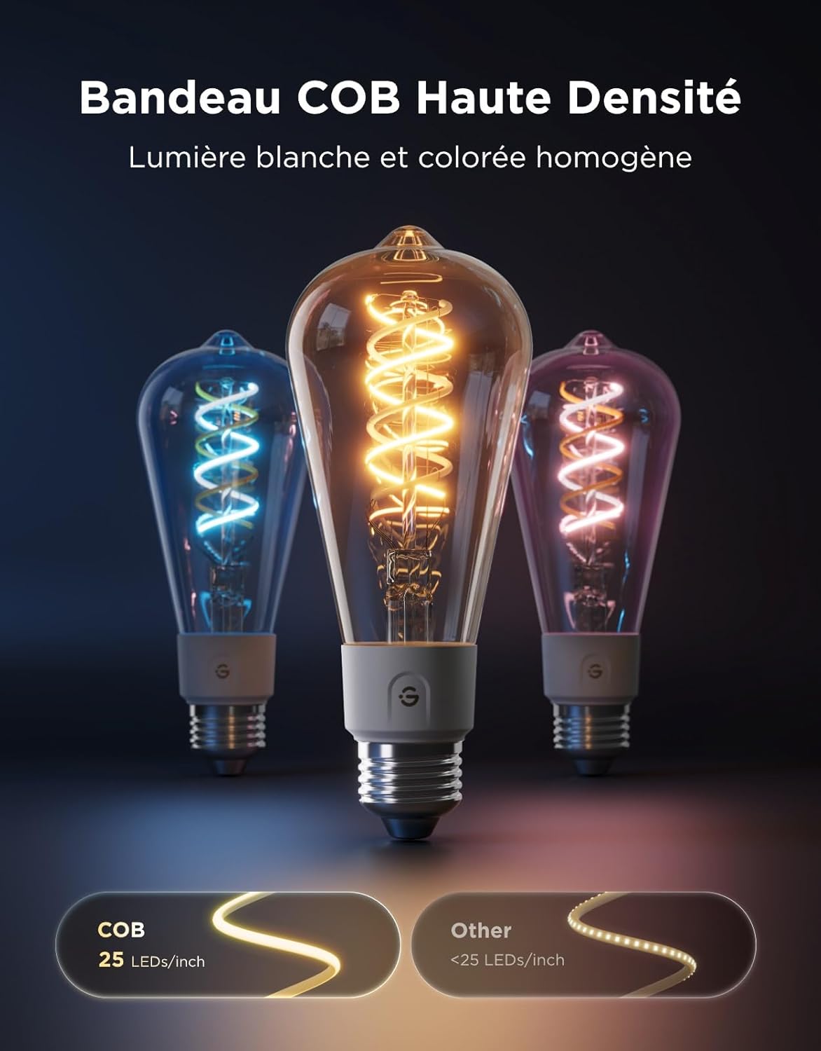Ampoule Intelligente Edison E27, RGBWW Lampe ST64, Compatible avec Matter et Google Assistant, 500lm, 16 Millions de Couleurs, Ampoule à Filament de Style Vintage, Lot de 2