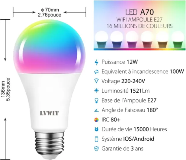 12W Ampoule E27 Connectée, Compatible avec Google Assistant, Alexa et App de Smartphone, Remplace 100W Ampoule Incandescent, 1521Lm, Pas de Hub requis, Lot de 4 12W A70*4