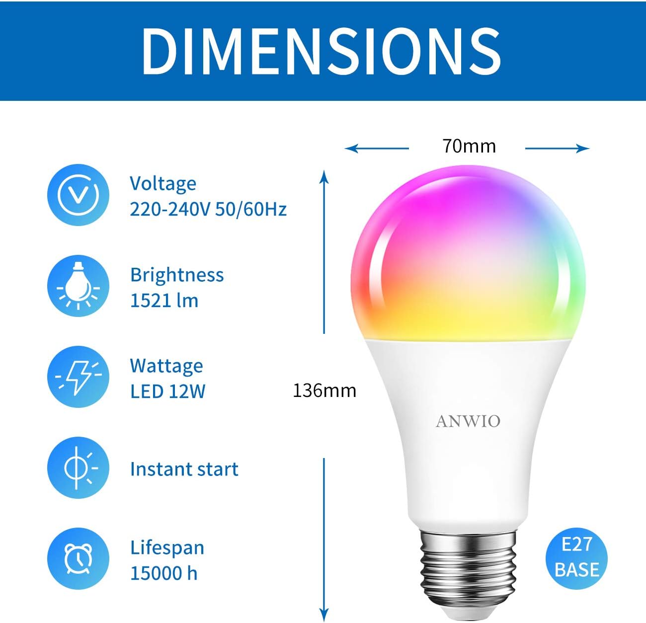 12W Ampoule LED E27 WiFi et Bluetooth, Ampoule Connectée Alexa A70 Dimmable, Tuya App Et Smart Life, 1521Lm RGB Ampoule, Pas de Hub requis, Lot de 4 12w A70 4 Unité (Lot de 1)