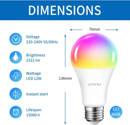 12W Ampoule LED E27 WiFi et Bluetooth, Ampoule Connectée Alexa A70 Dimmable, Tuya App Et Smart Life, 1521Lm RGB Ampoule, Pas de Hub requis, Lot de 4 12w A70 4 Unité (Lot de 1)