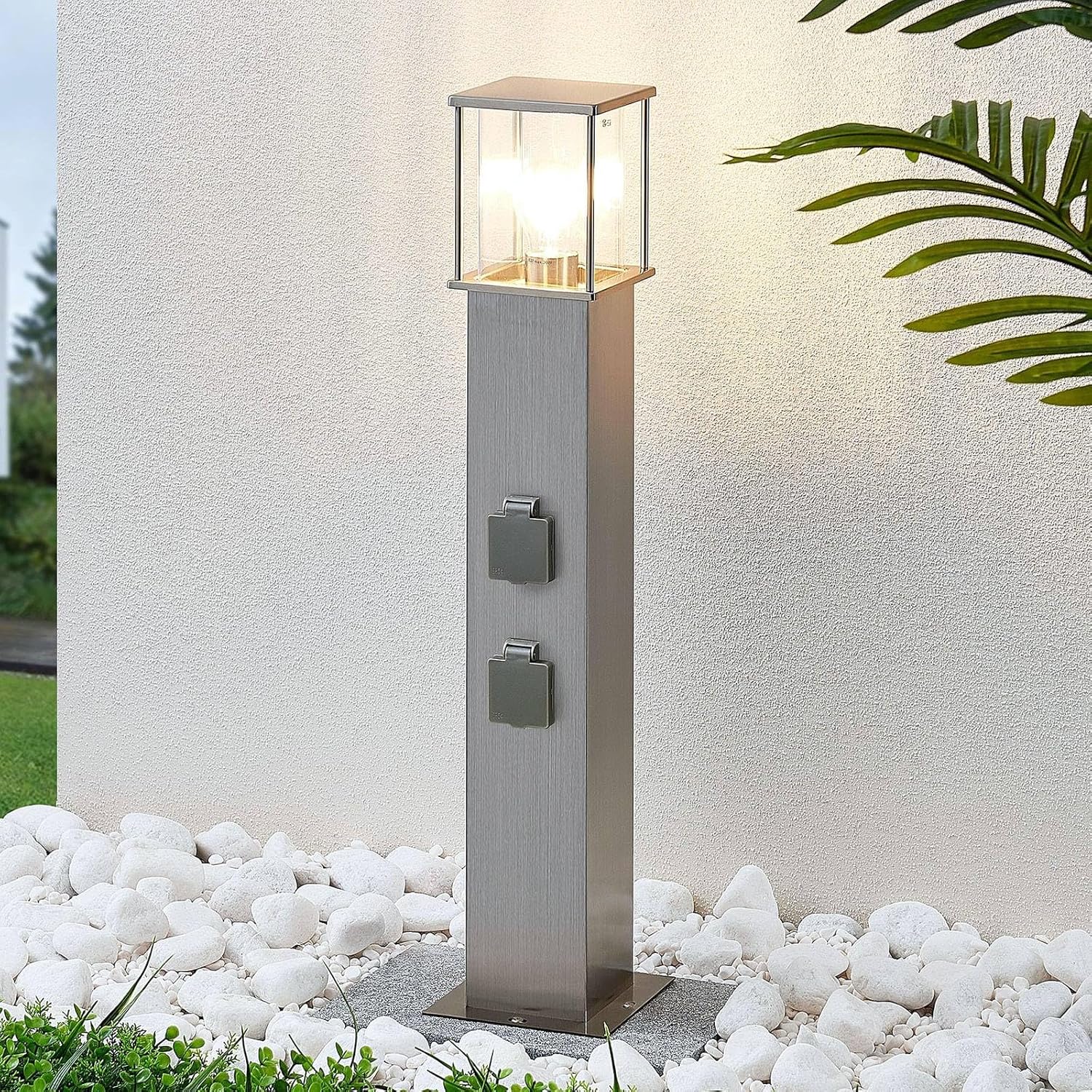 Luminaire extérieur Caspa à intensité variable (Moderne) en Gris Inox (1 lampe,à E27), Borne lumineuse, luminaire pour socle
