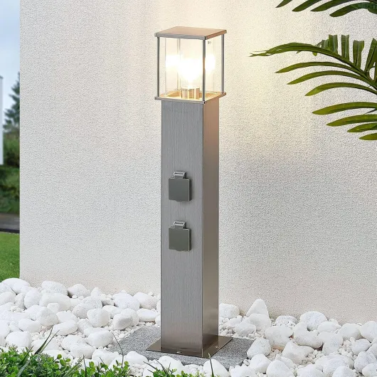Luminaire extérieur Caspa à intensité variable (Moderne) en Gris Inox (1 lampe,à E27), Borne lumineuse, luminaire pour socle