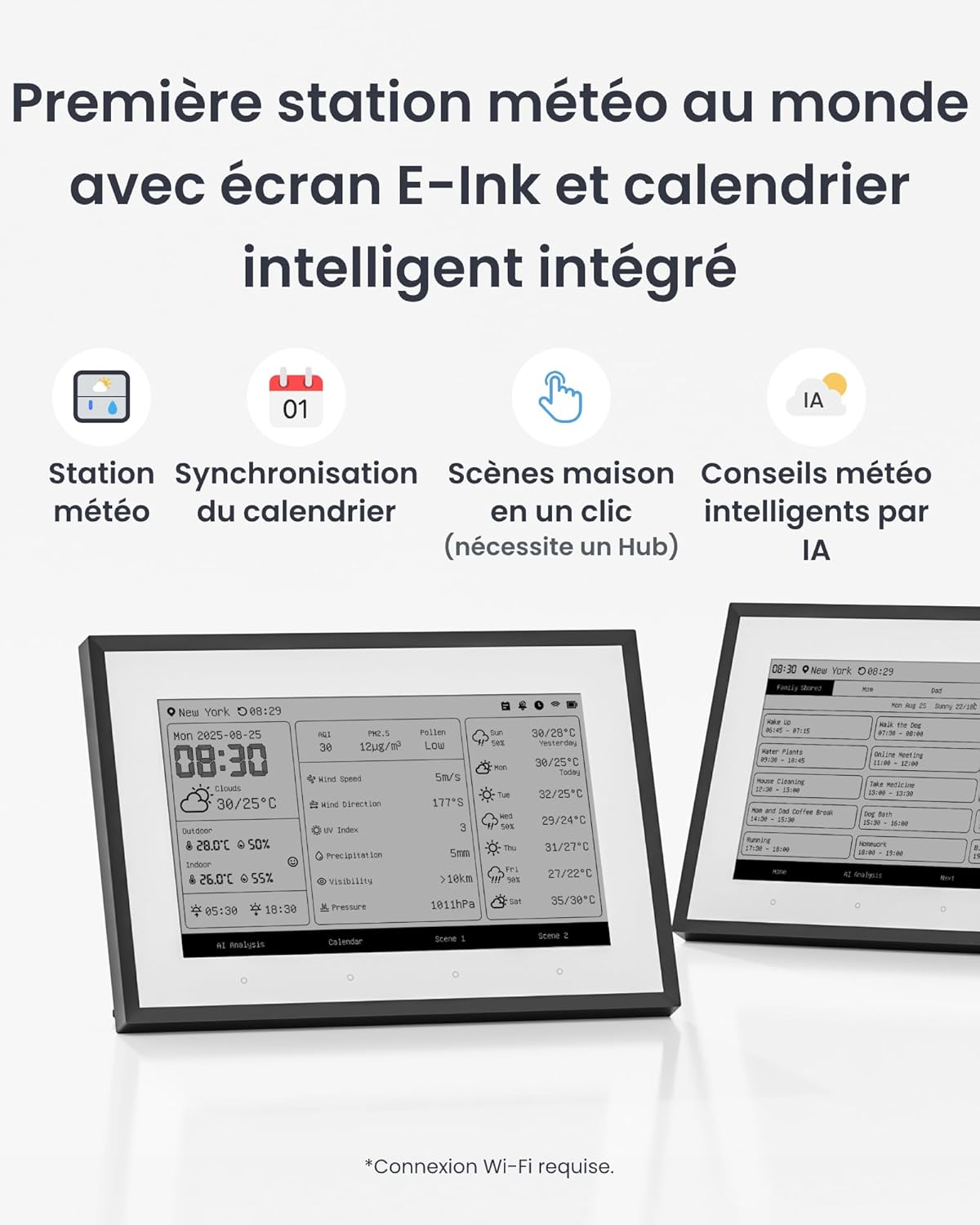 Station météo intelligente E-Ink - Moniteur sans fil de 7,5" pour température intérieure/extérieure et humidité avec calendrier électronique - Compatible avec Google, iCloud, Outlook, Yahoo