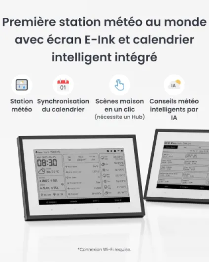 Station météo intelligente E-Ink - Moniteur sans fil de 7,5" pour température intérieure/extérieure et humidité avec calendrier électronique - Compatible avec Google, iCloud, Outlook, Yahoo