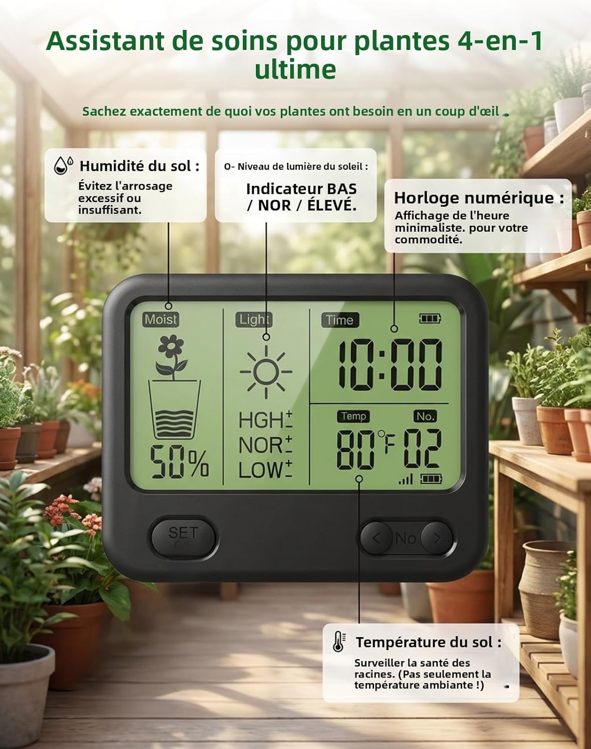 Humidimètre sans Fil pour Sol avec récepteur LCD – Capteur 3-en-1 à 3 sondes (humidité, température, lumière), portée RF de 230 Pieds, étanche, Longue autonomie (Sol 4 Capteurs) 1 écran + 4 capteurs