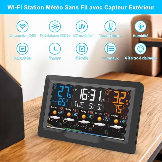 Station Météo Intérieur Extérieur Sans Fil - Connectée WIFI avec Prévisions 5 Jours, Écran 4 Luminosités Réglables, Capteur Temps Thermomètre Hygromètre, 3 Réveils WIFI1