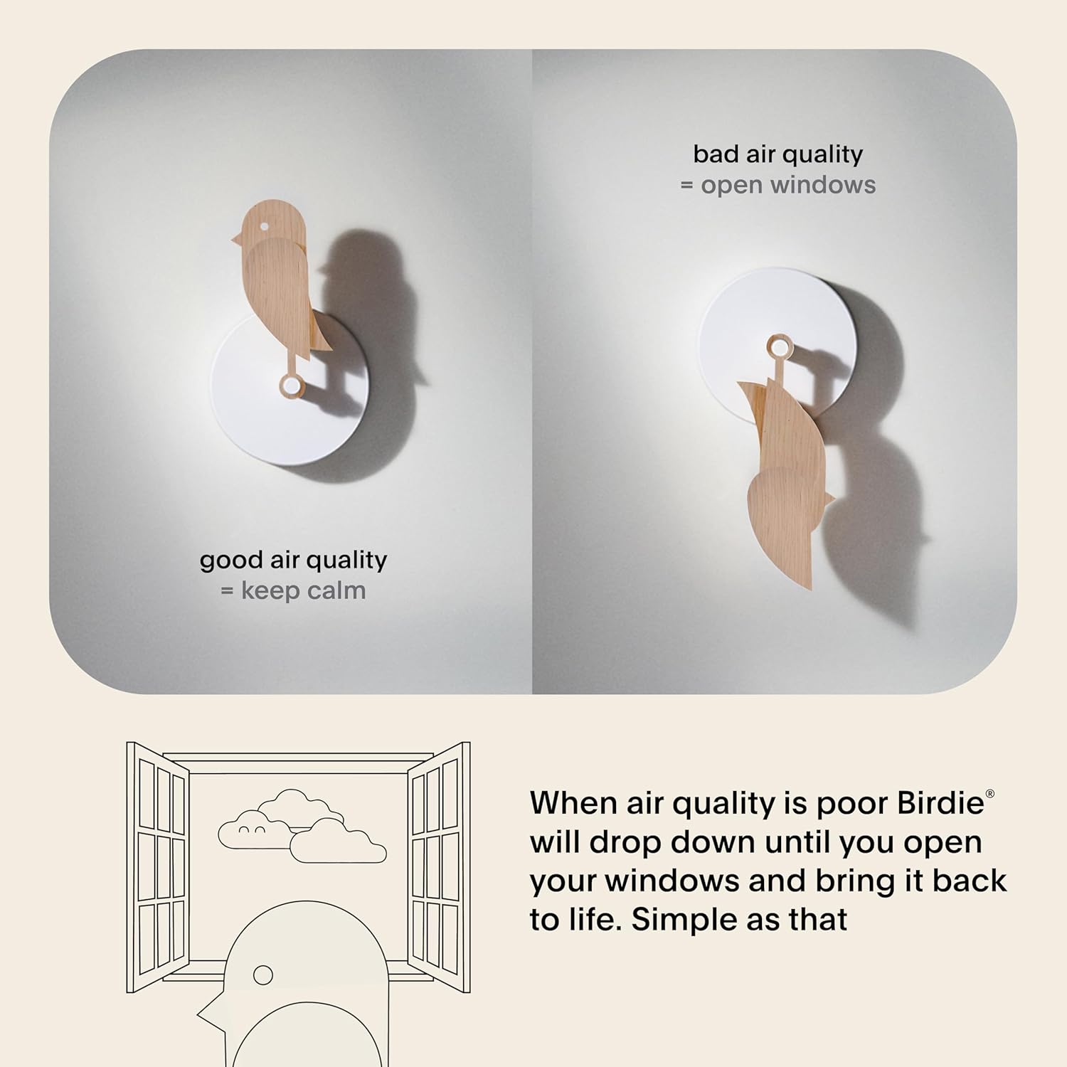 Birdie 2.0 - Design Moniteur de CO2 intérieur Appareil de Mesure de la qualité de l'air pour la Maison et Le Bureau - Réduit Les Risques pour la santé grâce à Un air Pur (Bois, Birdie Complet) Wood