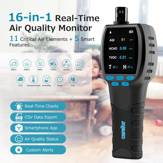 Upgraded CF‑60 PP SMART Moniteur professionnel de qualité de l'air, graphiques à l'écran sur 12 heures et rapport CSV pour la maison, le bureau, le laboratoire et la prévention des moisissures