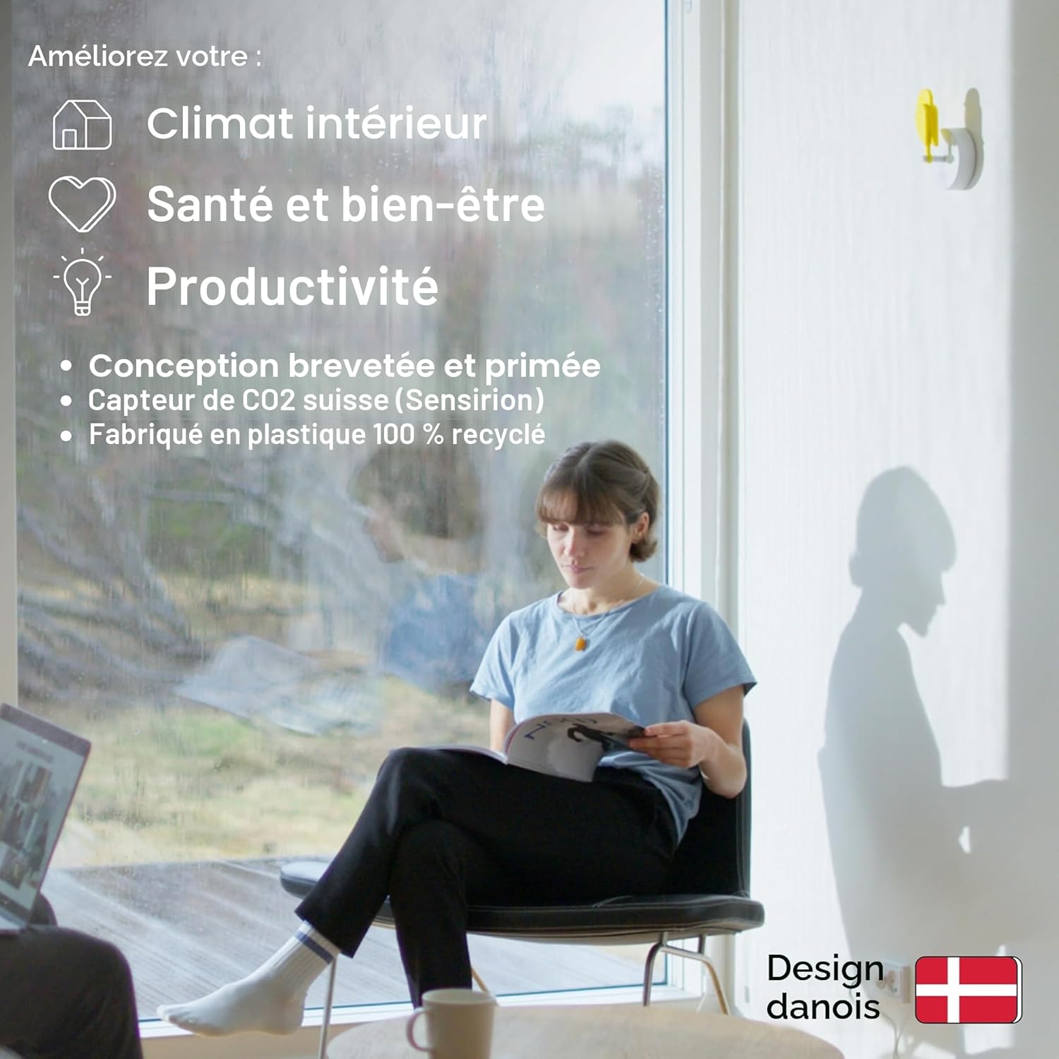 Birdie 2.0 - Design Moniteur de CO2 intérieur Appareil de Mesure de la qualité de l'air pour la Maison et Le Bureau - Réduit Les Risques pour la santé grâce à Un air Pur (Jaune, Birdie Complet) Yellow