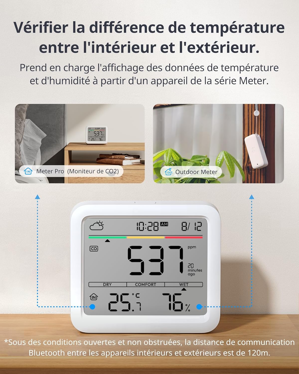 Détecteur de CO2 Bluetooth Con IP65 Thermomètre CO2 avec thermomètre hygromètre intérieur, Appareil de Mesure de la qualité de l'air avec Alarme de CO2, capteur de CO2 Bluetooth avec Sensor Combo