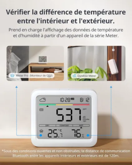 Détecteur de CO2 Bluetooth Con IP65 Thermomètre CO2 avec thermomètre hygromètre intérieur, Appareil de Mesure de la qualité de l'air avec Alarme de CO2, capteur de CO2 Bluetooth avec Sensor Combo