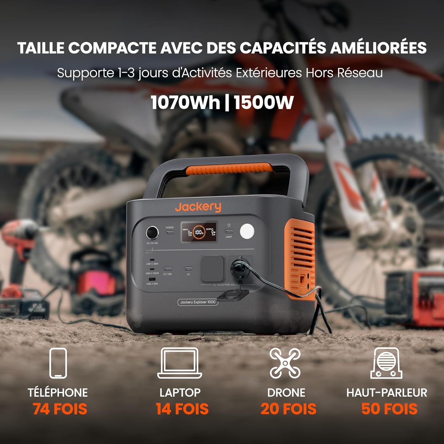 Station Électrique Portable Jackery Explorer 1000 v2, 1070Wh Batterie LiFePO4, 1500W Sortie, 6 Ports CA/CC USB-C/A, Charge Rapide 1H, Générateur Solaire pour Plein Air, Camping, Urgence E1000V2