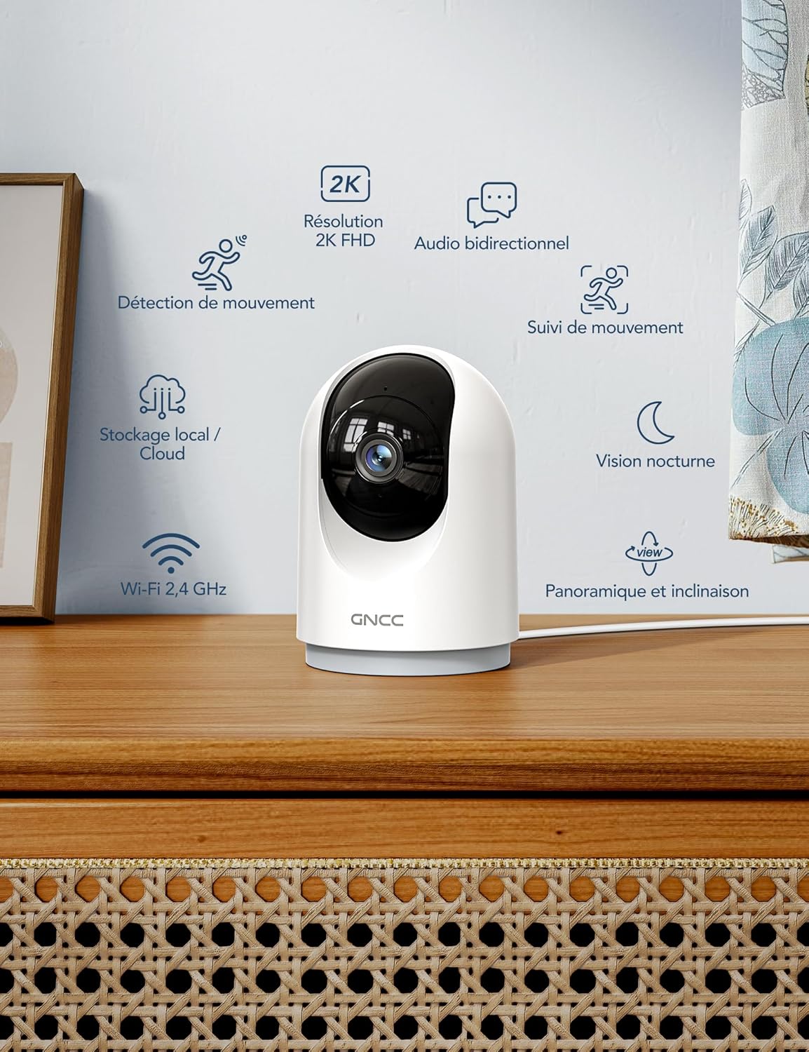 2K(3MP) Caméra Surveillance Intérieure 2.4G/5GHz WiFi(Lot de 4), 360° PTZ Caméra Surveillance Intérieure Maison, Vision Nocturne, Détection IA, Audio Bidirectionnel, Alertes, Compatible Alexa Blanc-4 Pack