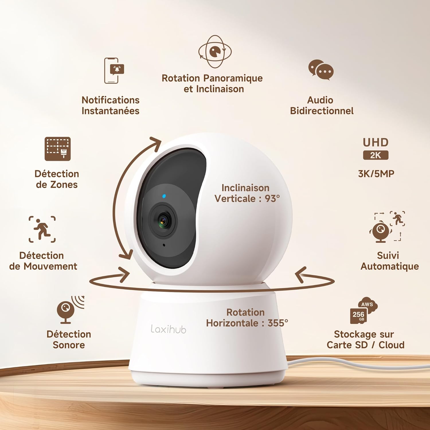 3K/5MP Caméra Surveillance WiFi Intérieur, 2,4GHz/5GHz Caméras WiFi avec Vision Nocturne, 355° PTZ Caméra Maison, Suivi Automatique, Audio Bidirectionnel, Compatible Google Assistant et Alexa 1 Stück (1er Pack)