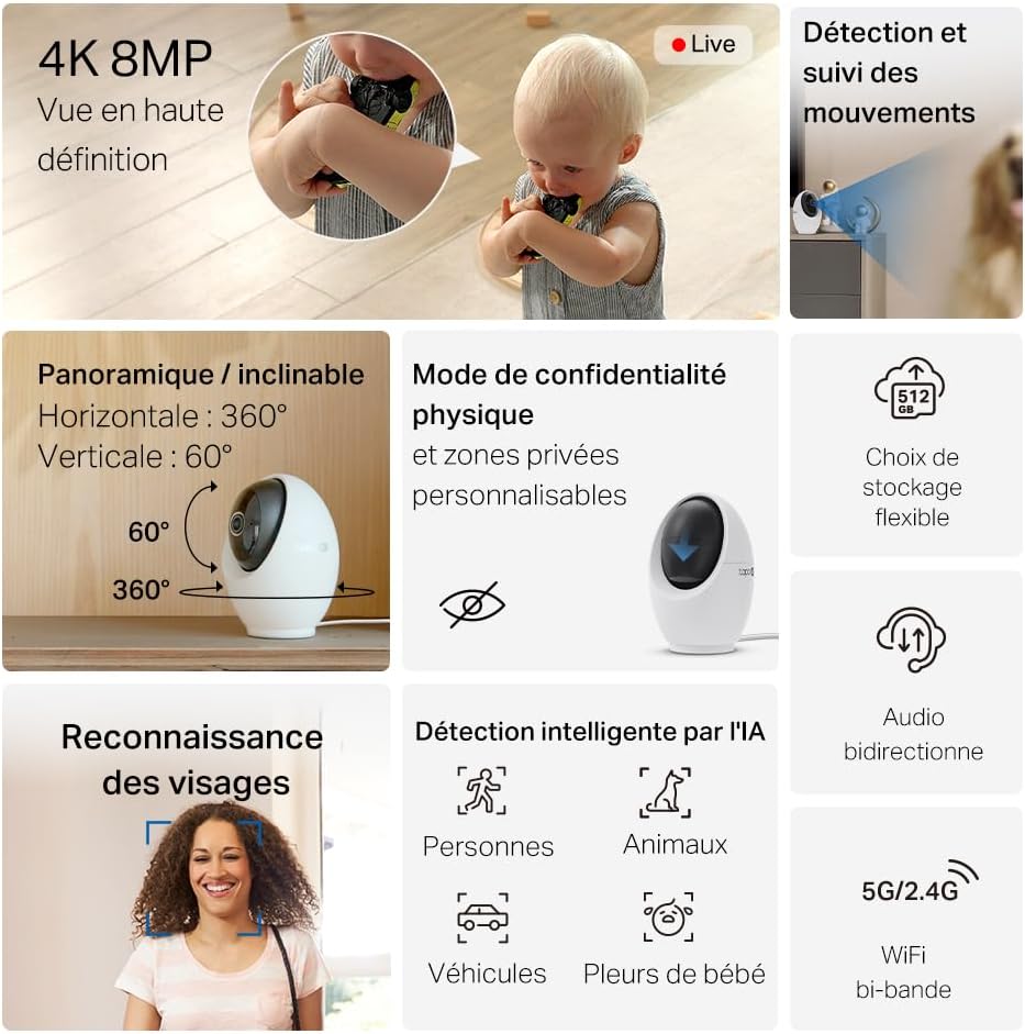 C260 Caméra de Surveillance WiFi intérieure 4K 8MP 360°, détection IA Locale, Mode confidentialité Physique, Zoom numérique 18x, Suivi de Mouvement, Audio bidirectionnel