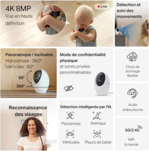 C260 Caméra de Surveillance WiFi intérieure 4K 8MP 360°, détection IA Locale, Mode confidentialité Physique, Zoom numérique 18x, Suivi de Mouvement, Audio bidirectionnel