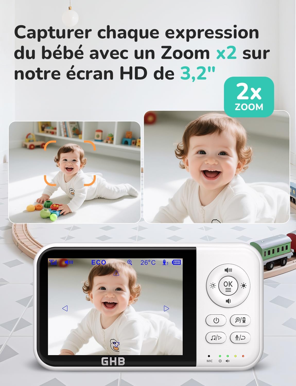 Babyphone Caméra Bébé Surveillance 3,2 inches LCD Batterie 2100mAh Capteur de Température Vision Nocturne 2X Zoom Audio Bidirectionnel
