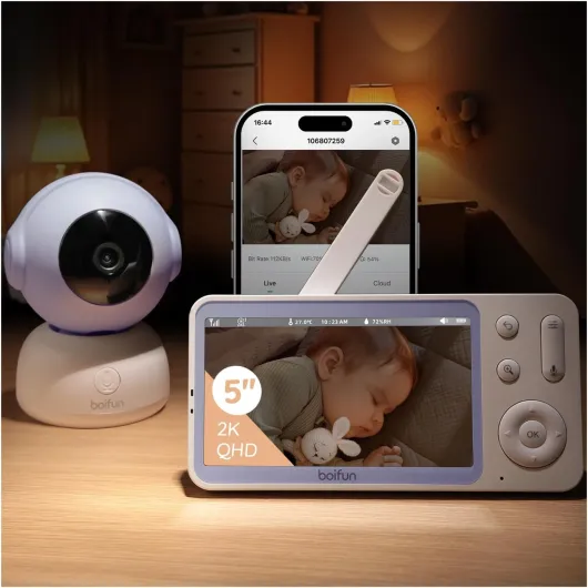 Smart Babyphone Camera 5" 2K, Connecté Via WiFi ou Mode Local, Vision Nocturne sans Lumière Visible, Détection & Alerte Pleurs/Mouvements/Température/Humidité, Suivi Auto 360°, Autonomie 17h Bleu NXP-FR-2TM
