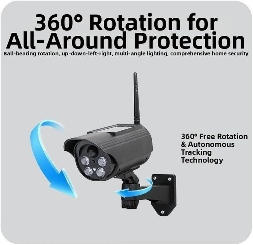 Fausse caméra de sécurité à énergie solaire avec détection de mouvement, rotation à 360°, caméra de surveillance factice pour extérieur, leurre résistant aux intempéries avec lumière rouge clignotante